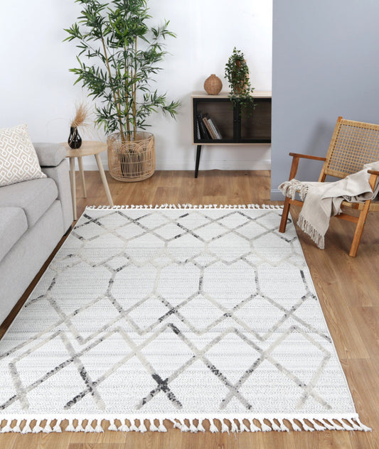 Cream & grey tribal geometric area rug, ideal for childrens play and bedroom decor.