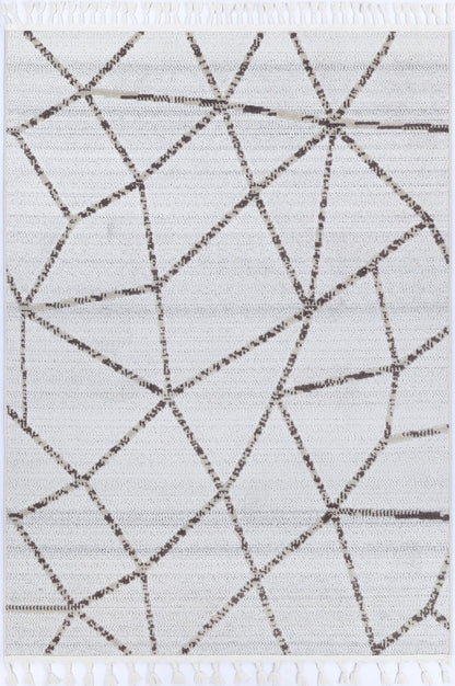 Geometric cream beige rug with tribal pattern, durable polypropylene material, ideal for kids rooms.