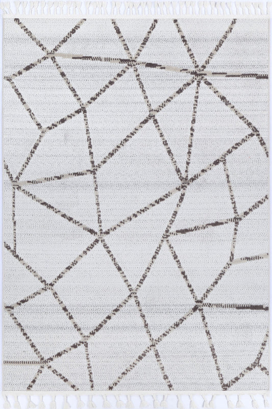 Geometric cream beige rug with tribal pattern, durable polypropylene material, ideal for kids rooms.