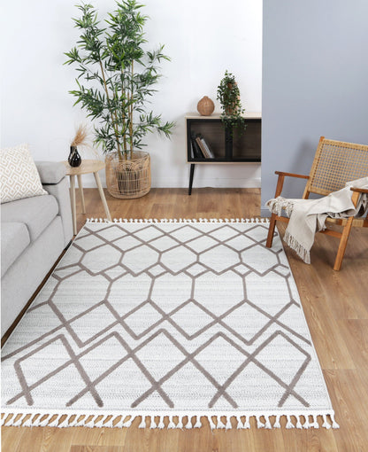 Cream beige tribal geometric runner rug for kids room, size 80x300cm. Stylish and durable.