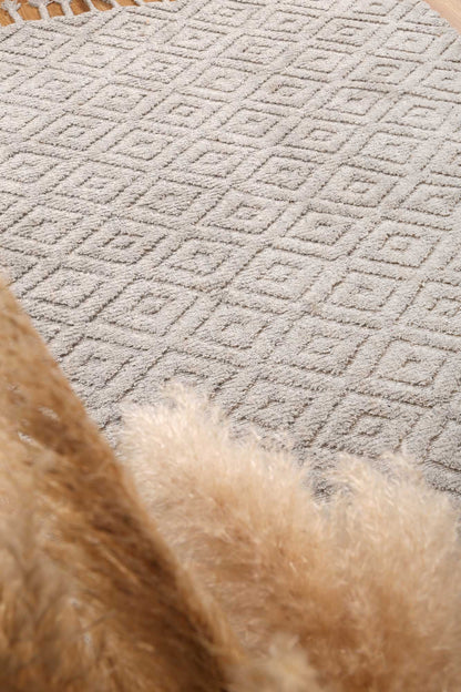 Grey tribal geometric wool blend area rug, 300x400 size - perfect for childrens playrooms.