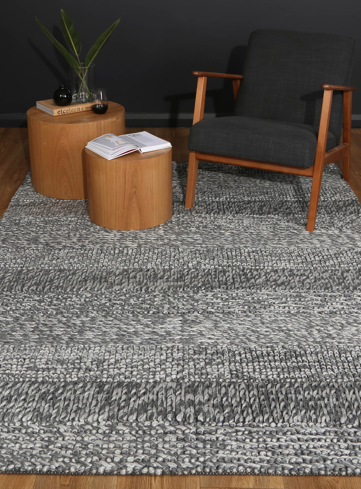 Wool blend tribal rug in Harlow Grace Charcoal, ideal for stylish kids room decor.