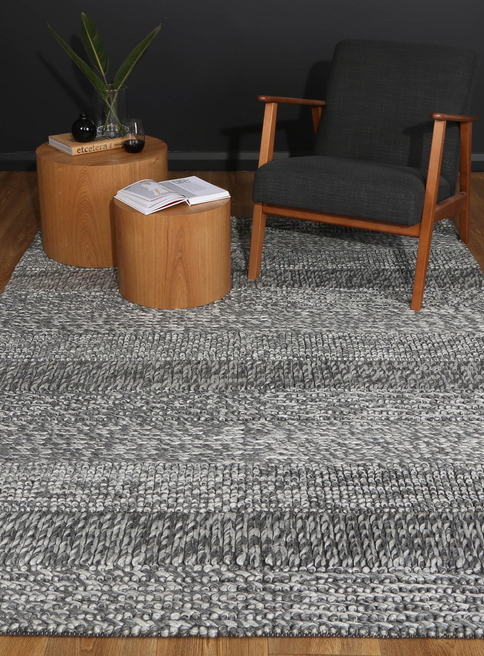 Wool blend tribal rug in Harlow Grace Charcoal, ideal for stylish kids room decor.