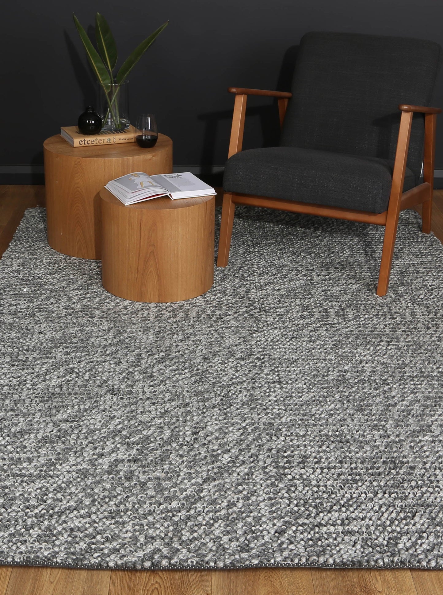 Harlow Textured Wool-Blend Tribal Rug in Charcoal, sized 200x290cm for childrens playroom.