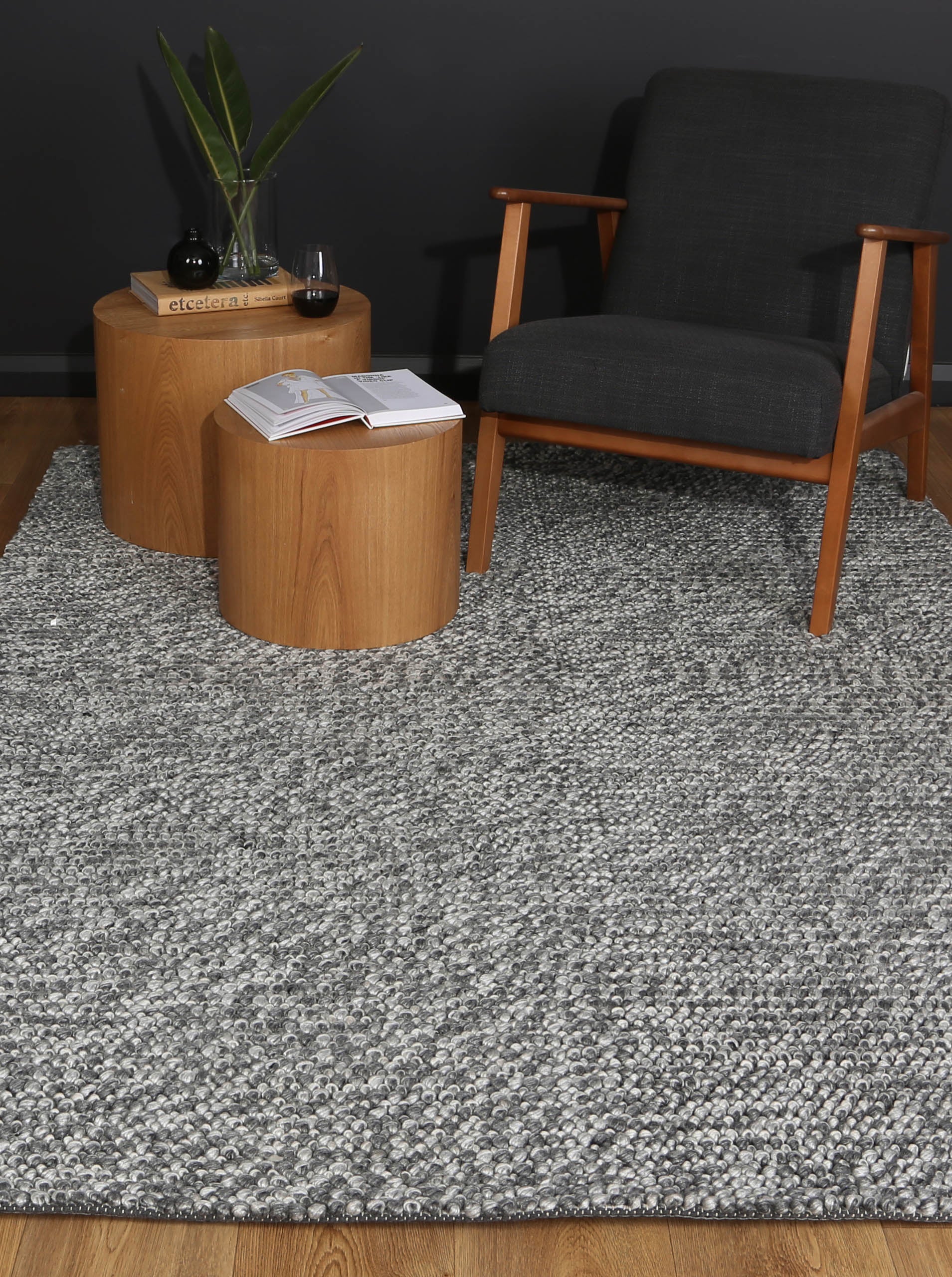 Harlow Textured Wool-Blend Tribal Rug in Charcoal, sized 200x290cm for childrens playroom.