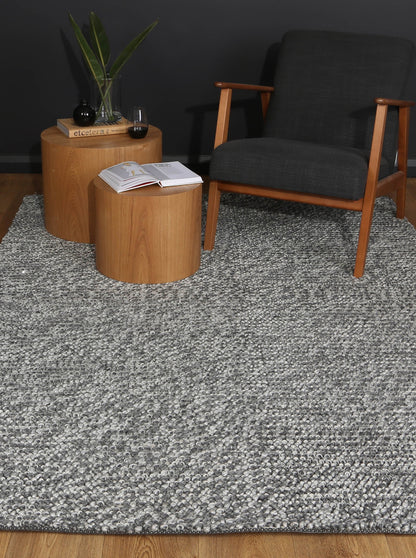 Harlow Textured Wool-Blend Tribal Rug in Charcoal, sized 200x290cm for childrens playroom.
