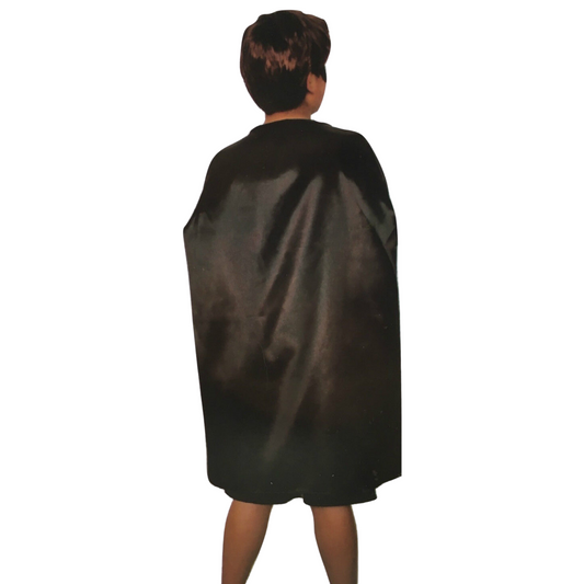 Kids black cape costume for Halloween and parties, medium size, versatile for dress-up fun