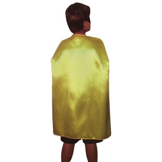 Kids medium yellow cape perfect for dress-up, Halloween, and school events. Bright, fun accessory.