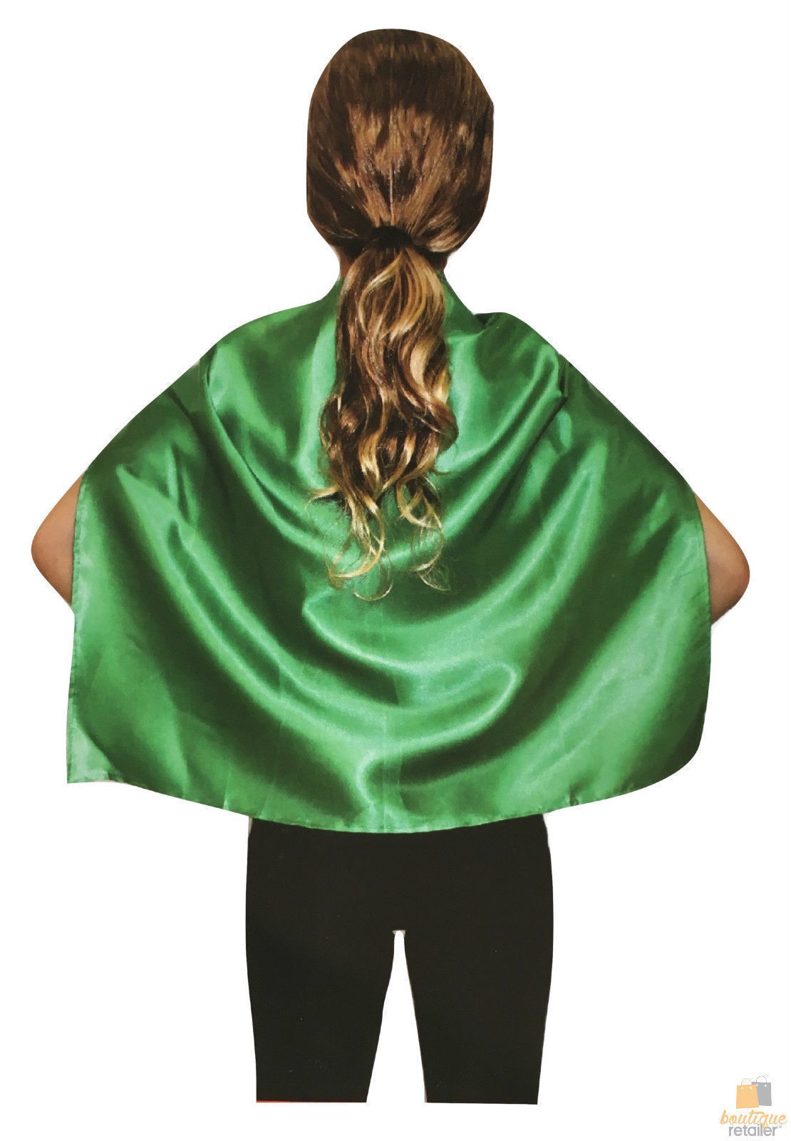 Kids green short cape with button closure for costumes and school events.