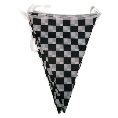 Colorful checkered race car flag bunting for kids party decorations, 3.6m length.