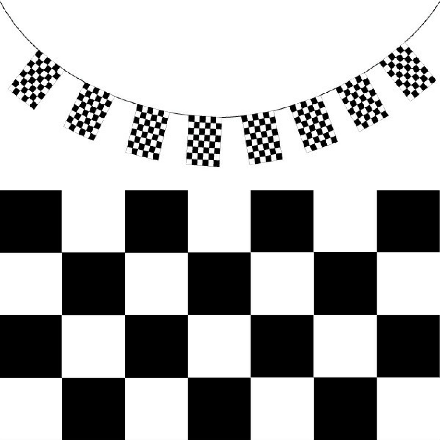 Checkered bunting flag banner in 3.6m size for race car-themed childrens parties.