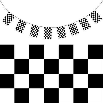 Checkered bunting flag banner in 3.6m size for race car-themed childrens parties.