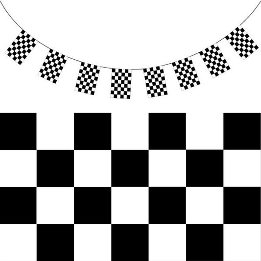 Checkered bunting flag banner in 3.6m size for race car-themed childrens parties.