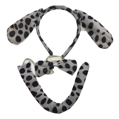 Dalmatian dog ears, bow, and tail set for kids Halloween costume dress-up play.