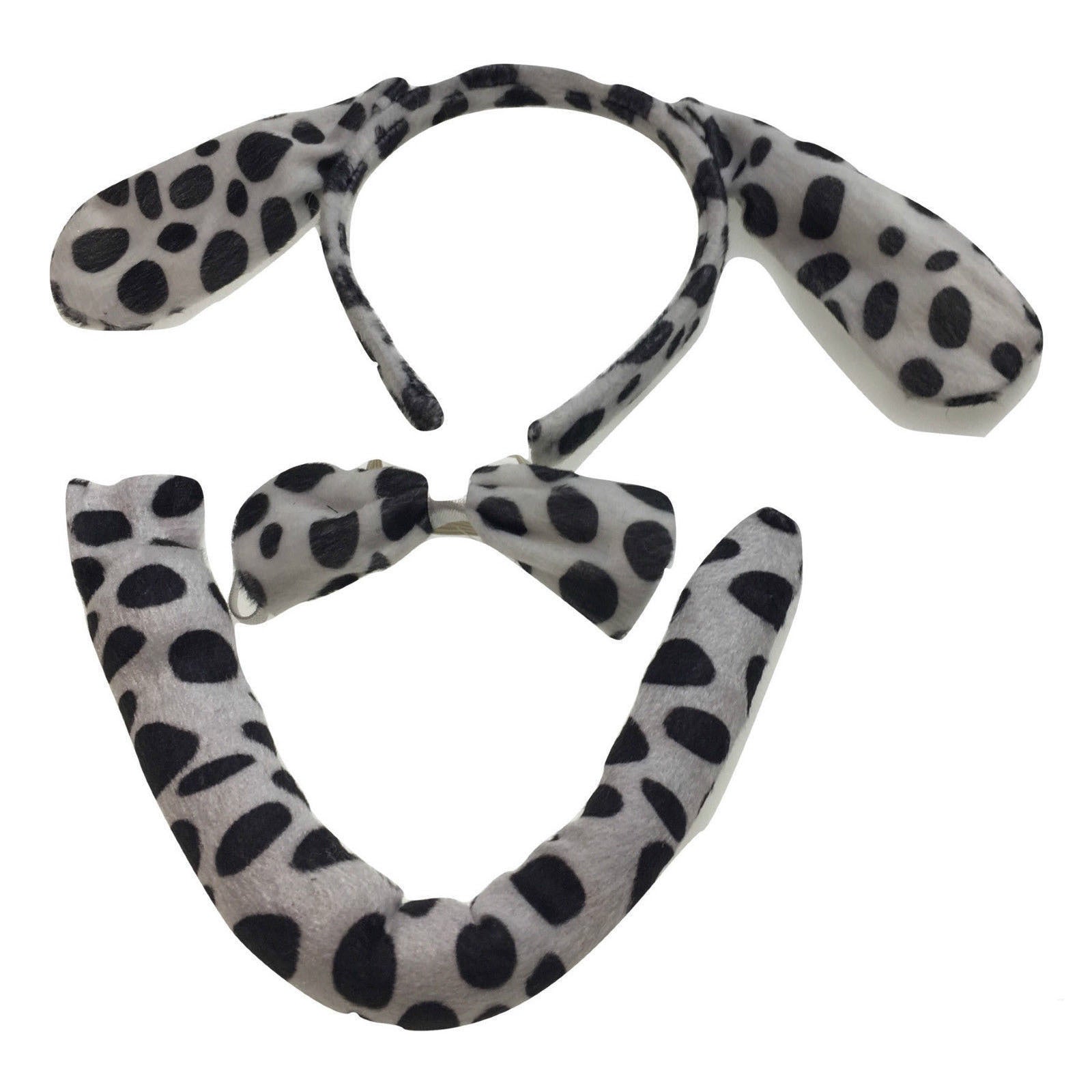 Dalmatian dog ear, bow, and tail set for kids Halloween costume, perfect for imaginative play.