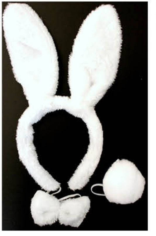 White Rabbit costume set with ears, bow, and tail for kids parties and dress-up.