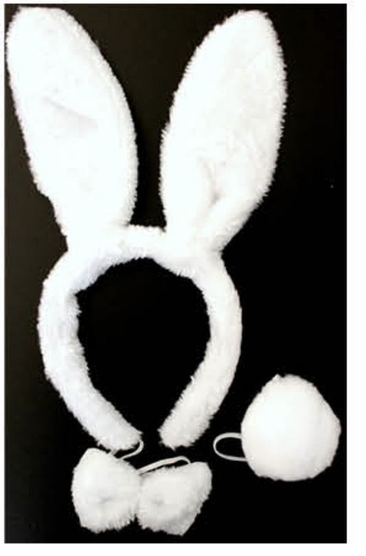 Childs white rabbit costume set with ears, bow, and tail for magical party fun.