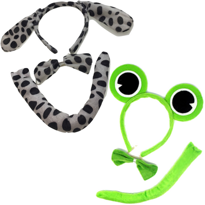 Kids animal costume set with dog and frog ears, bow, tail for party fun.