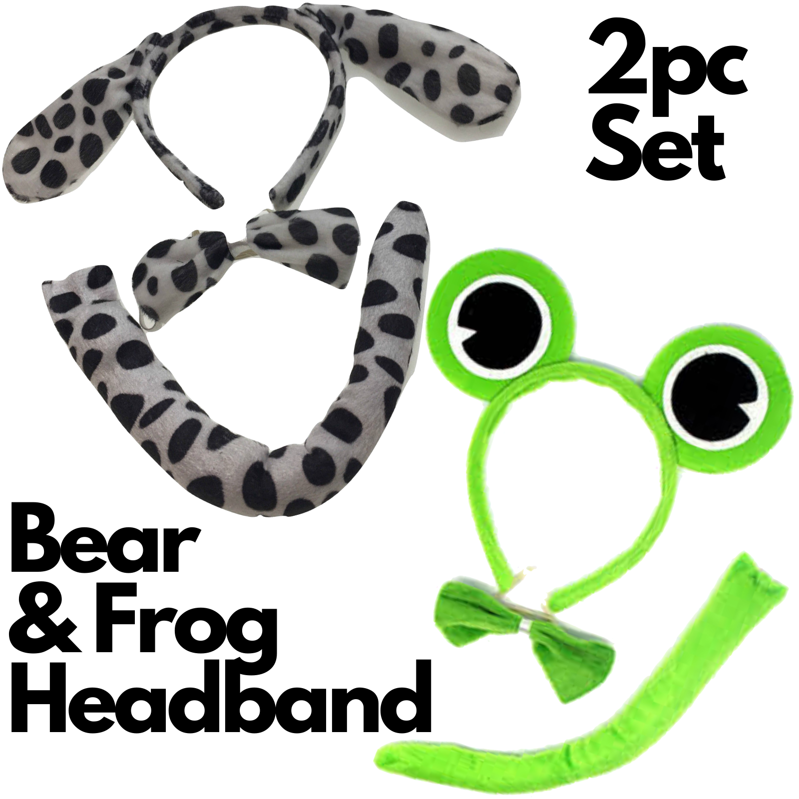 Kids animal costume set with dog and frog ears, bow, and tail for playful party wear.