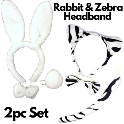 Rabbit & Zebra animal ears headband set for kids dress-up costumes and playtime.
