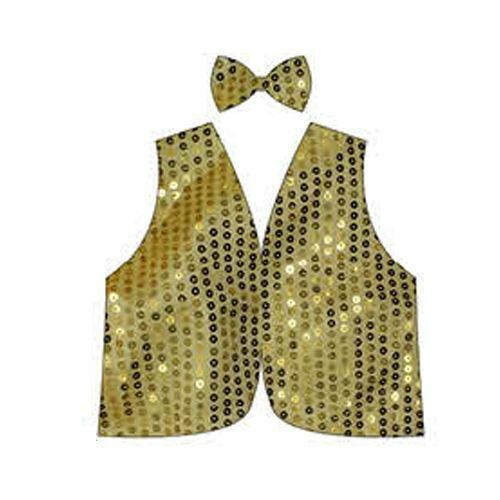 Kids gold sequin vest and bow tie set for stylish dress-up parties.