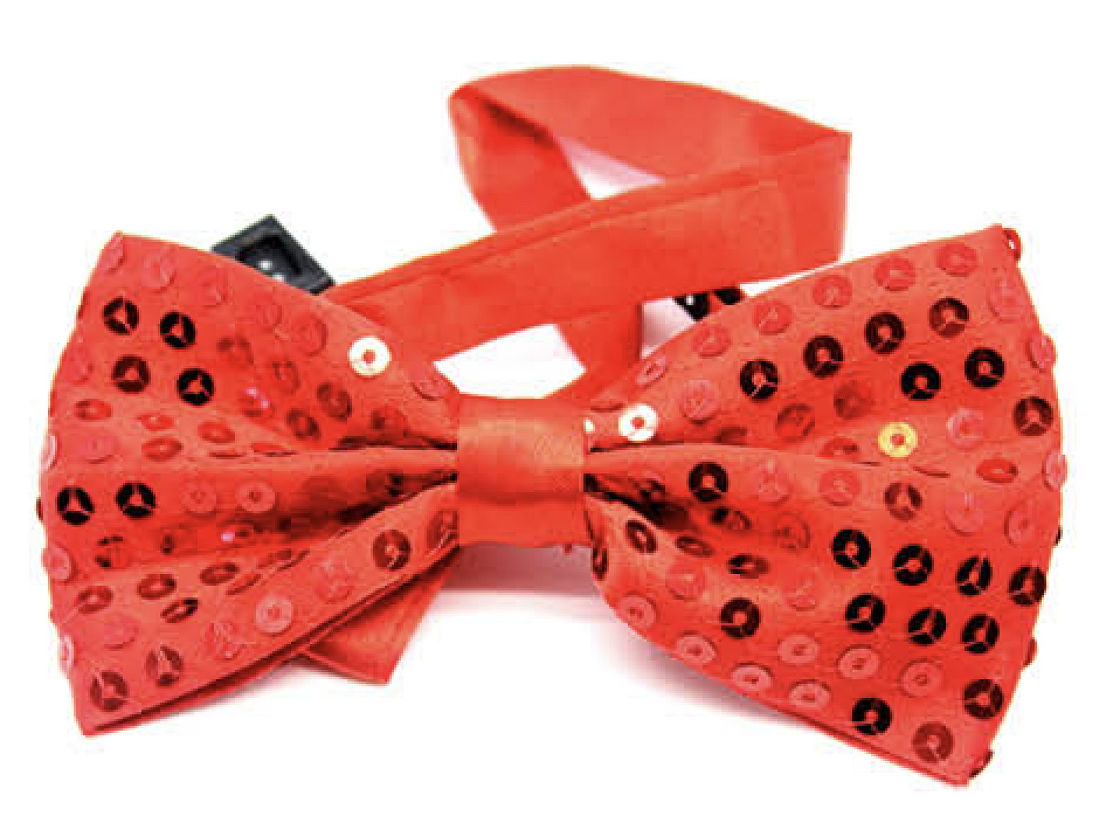 Red sequin bow tie with glitter for kids costumes and parties, adds sparkle and fun.