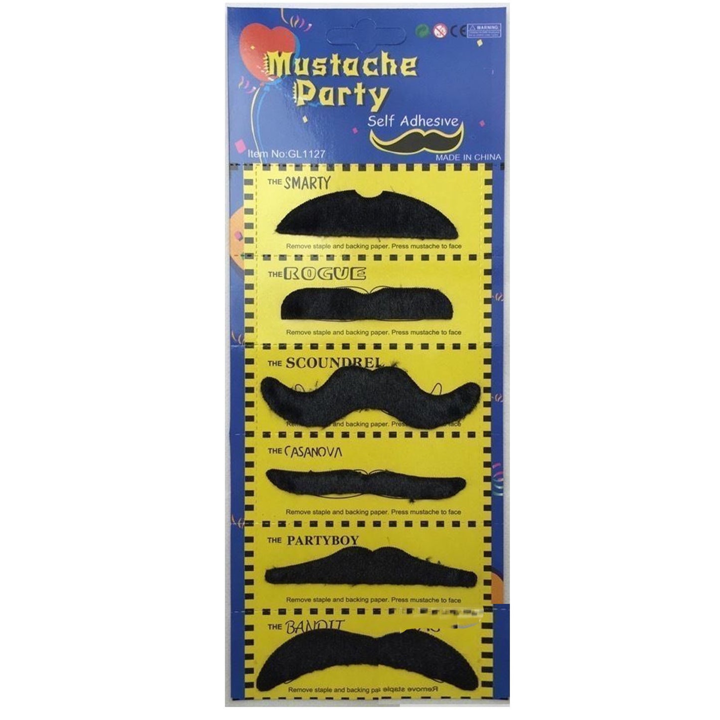 Set of 6 adhesive 70s-style fake mustaches for kids costume parties, adding instant fun.