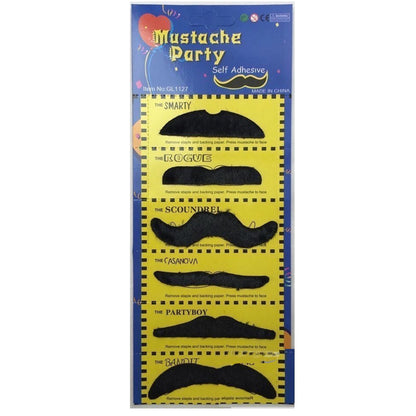 Set of 6 adhesive fake mustaches for kids costume parties, playful 70s-inspired designs.