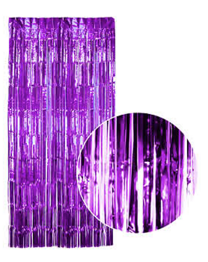 Shimmering purple tinsel curtain ideal for kids party dÃ©cor, 200cm length, adds festive charm.