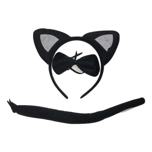 Black cat costume set for kids featuring ears, bow tie, and tail. Perfect dress-up fun.