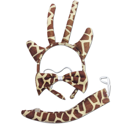 Giraffe animal costume set for kids, featuring ears, bow tie, and tail accessories.