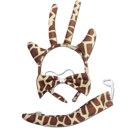 Giraffe animal costume set with ears, bow tie, and tail for kids playtime at home.