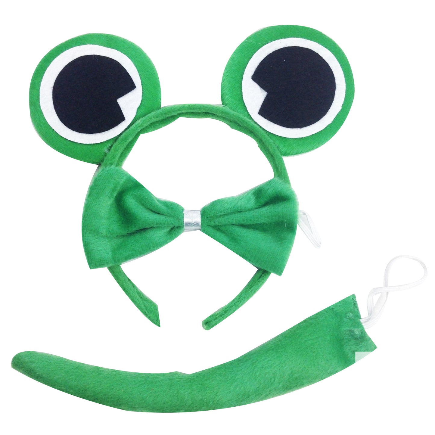 Kids green frog costume set with ears, bow tie, and tail for playful dress-up fun.