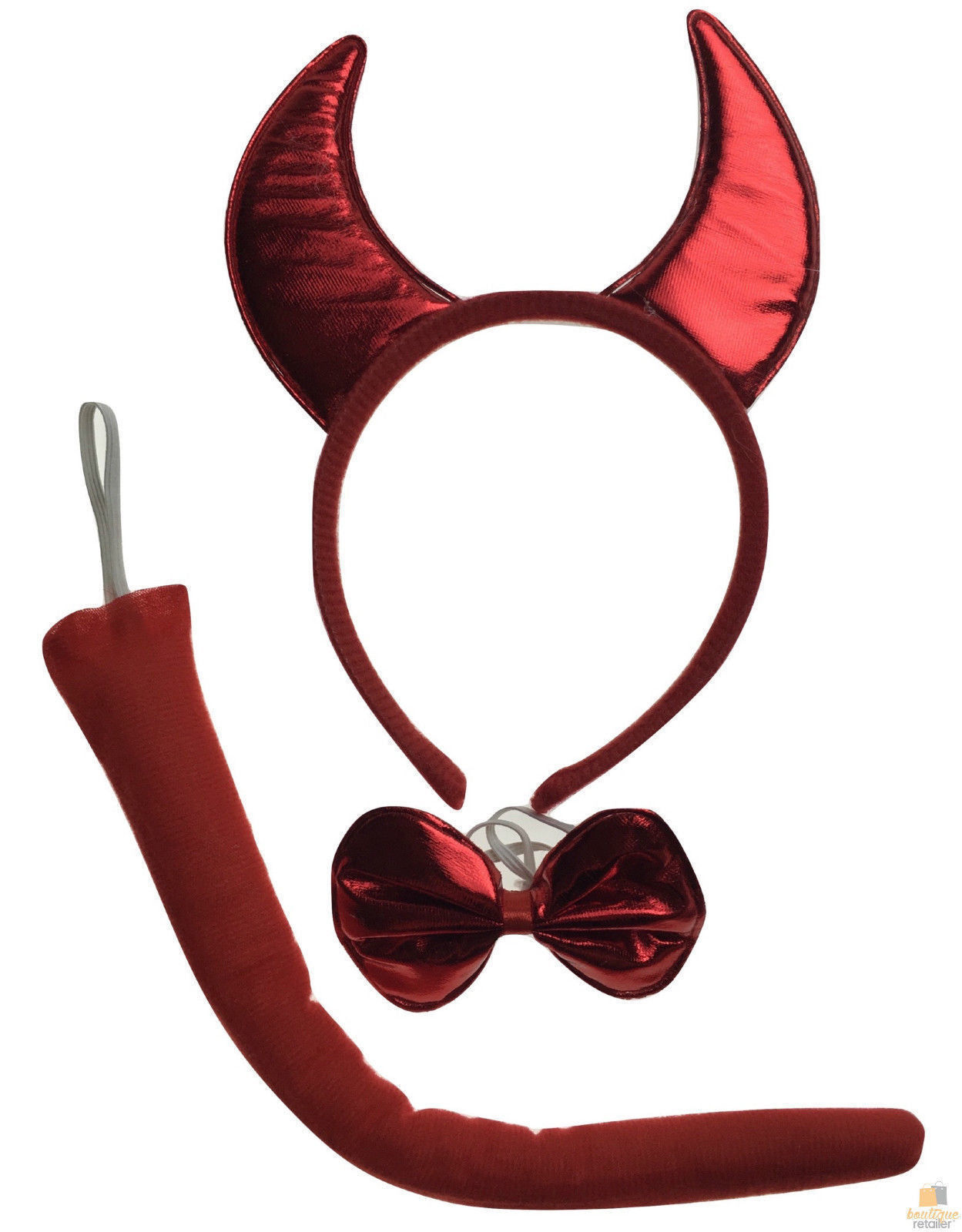 Kids red devil animal costume set with ears, bow tie, and tail for playful dress-up.