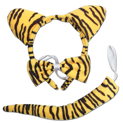 Young child wearing tiger costume with tail, ears, and paws for imaginative play at home.