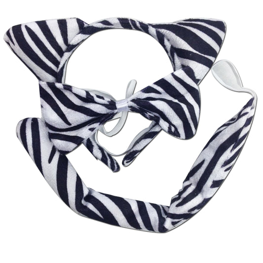 Zebra costume set with ears, bow tie, tail for kids dress-up parties.