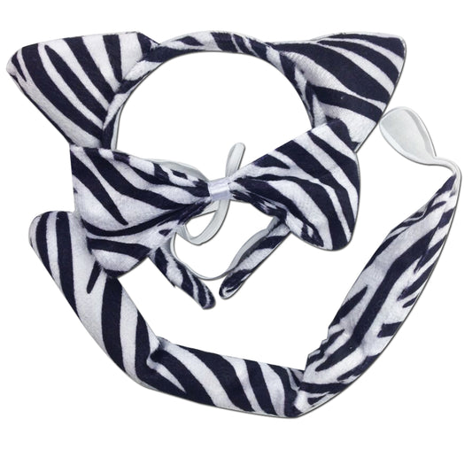 Zebra animal costume set with ears, bow tie, and tail for kids party dress-up.