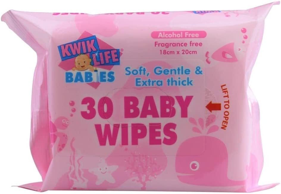Kwik Life Alcohol-Free Baby Wipes, 30-Pack, Sticky Top Design for Convenient Home Use