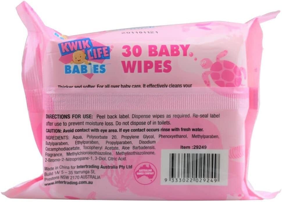 Alcohol-free baby wipes with sticky top, pack of 30, ideal for gentle home cleaning.