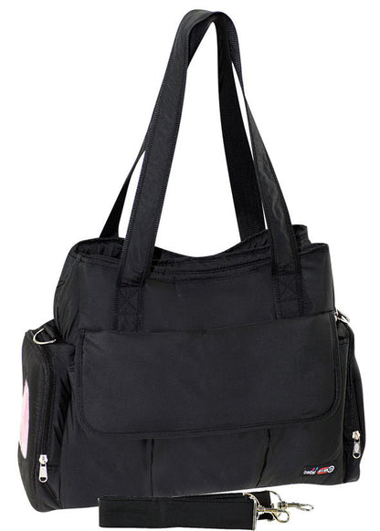 Black FIB Baby Nappy Bag for on-the-go parents with changing mat and milk storage.