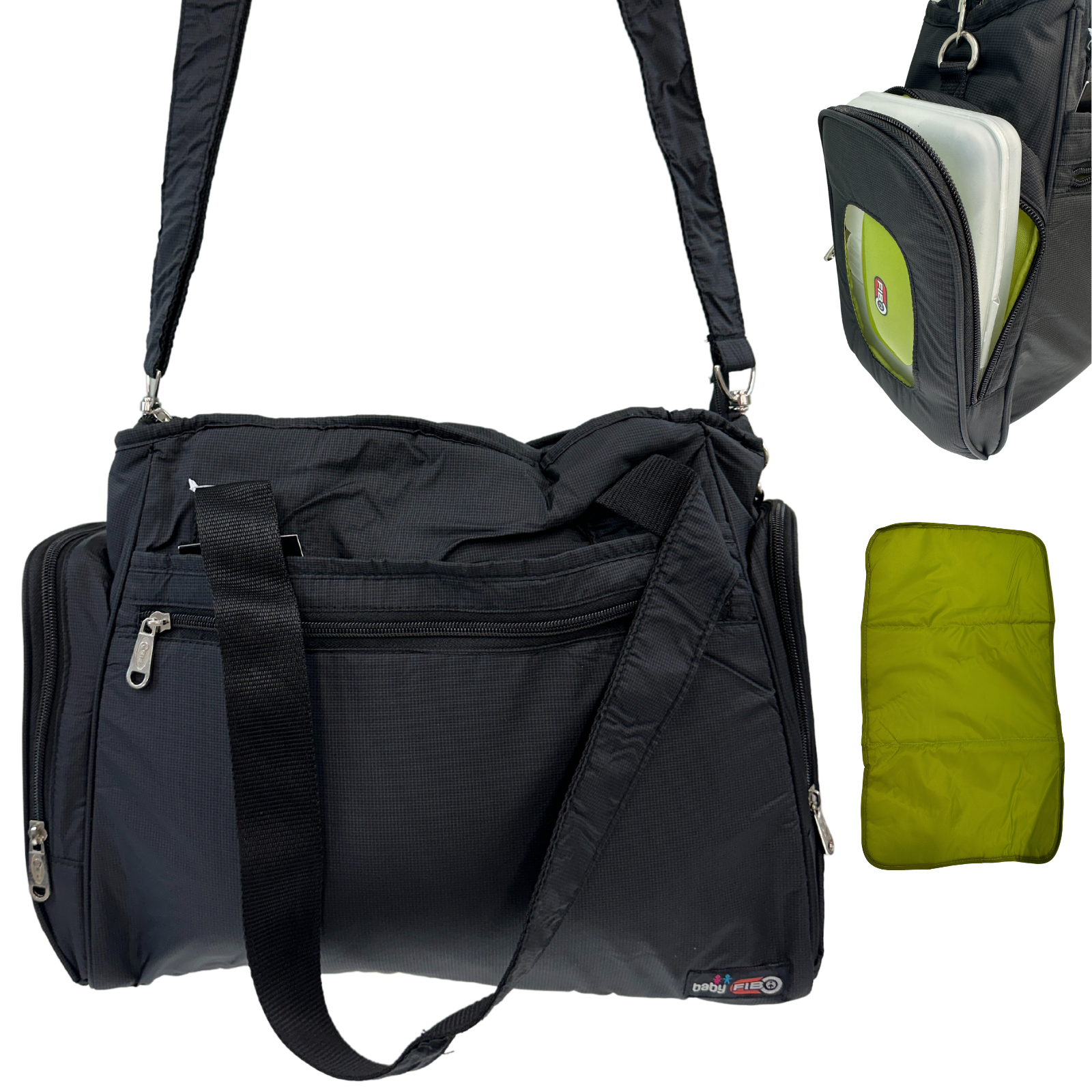 Black nylon diaper bag with changing mat and bottle holder for stylish and practical parents.