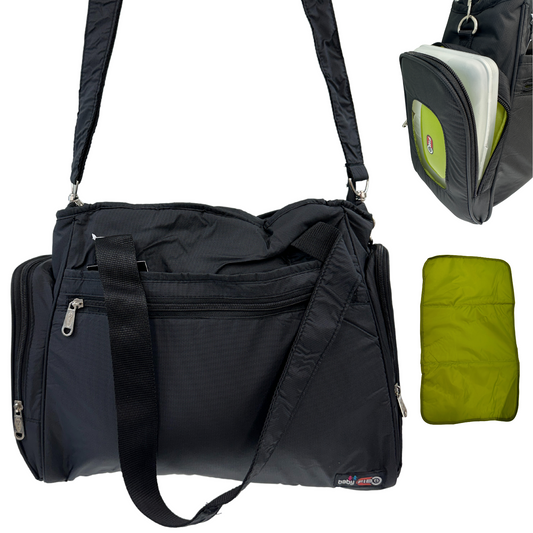 Black nylon diaper bag with changing mat and bottle holder for stylish and practical parents.