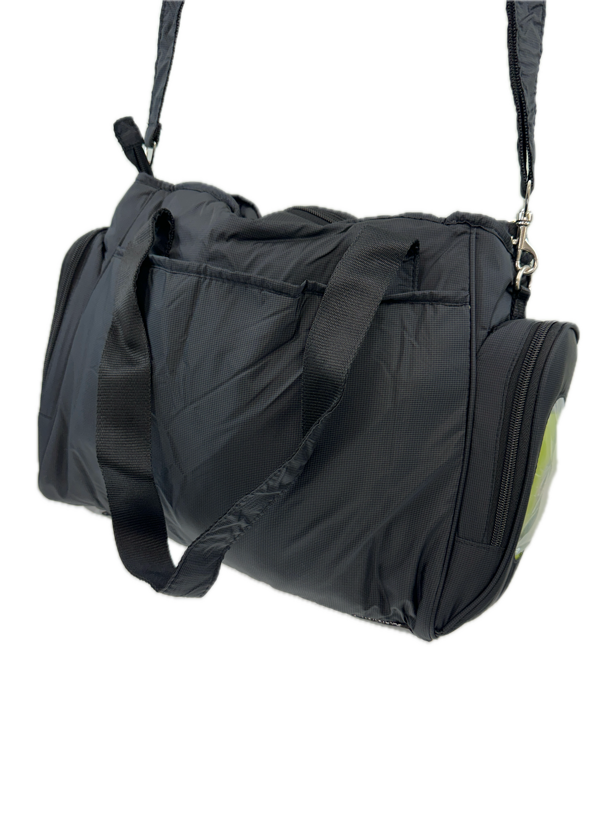 Black nylon diaper bag with changing mat and bottle holder, perfect for moms on-the-go.