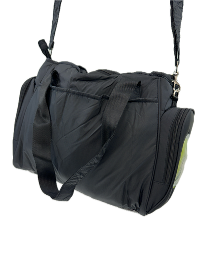 Black nylon diaper bag with changing mat and bottle holder, perfect for moms on-the-go.