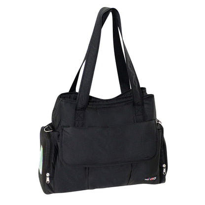 Black Nylon Diaper Bag with Changing Mat and Bottle Holder, ideal for on-the-go parents.