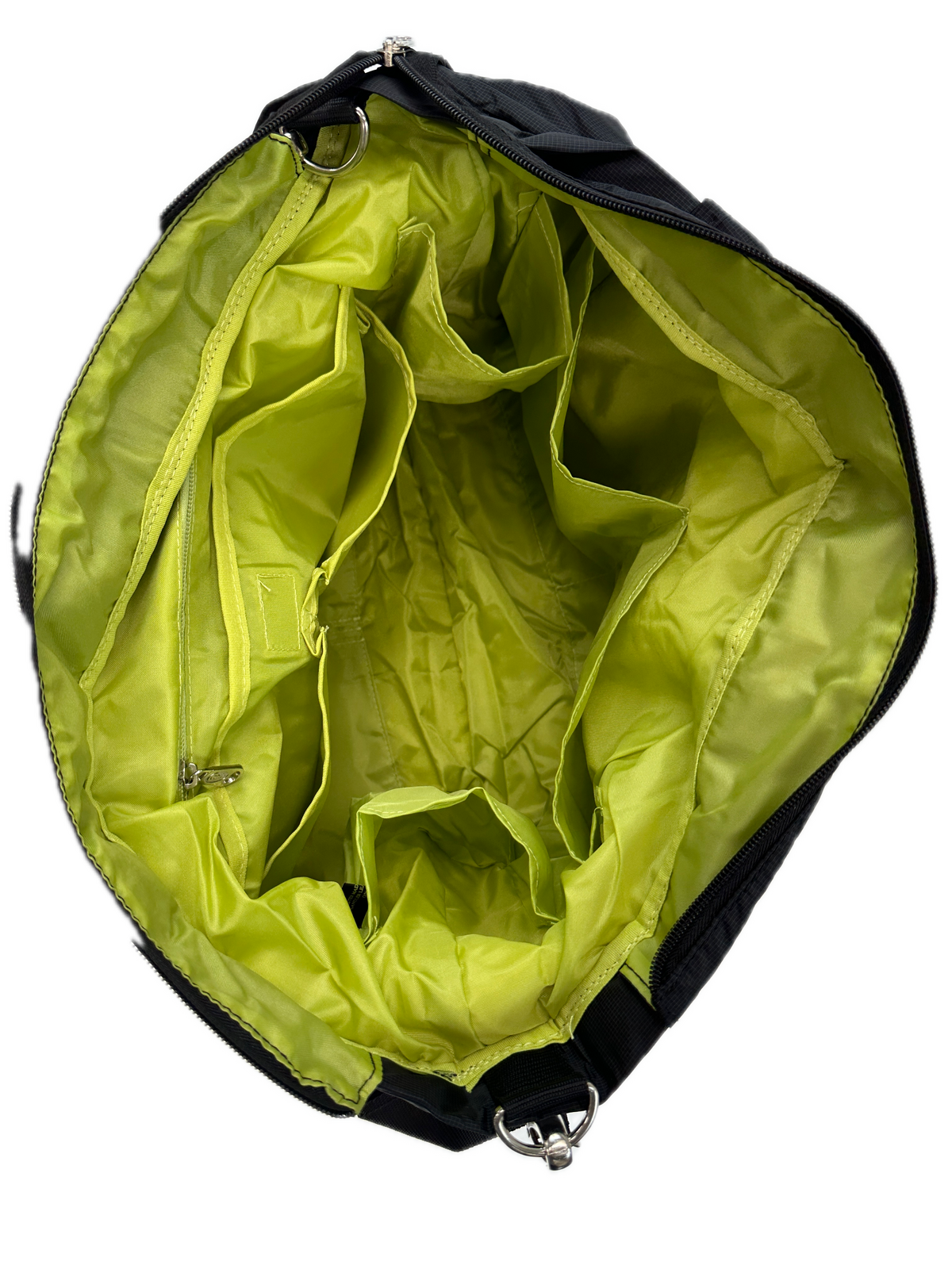 Black FIB nappy bag for moms, with changing mat and space for baby essentials.