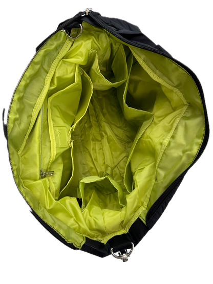 Black FIB nappy bag for moms, with changing mat and space for baby essentials.