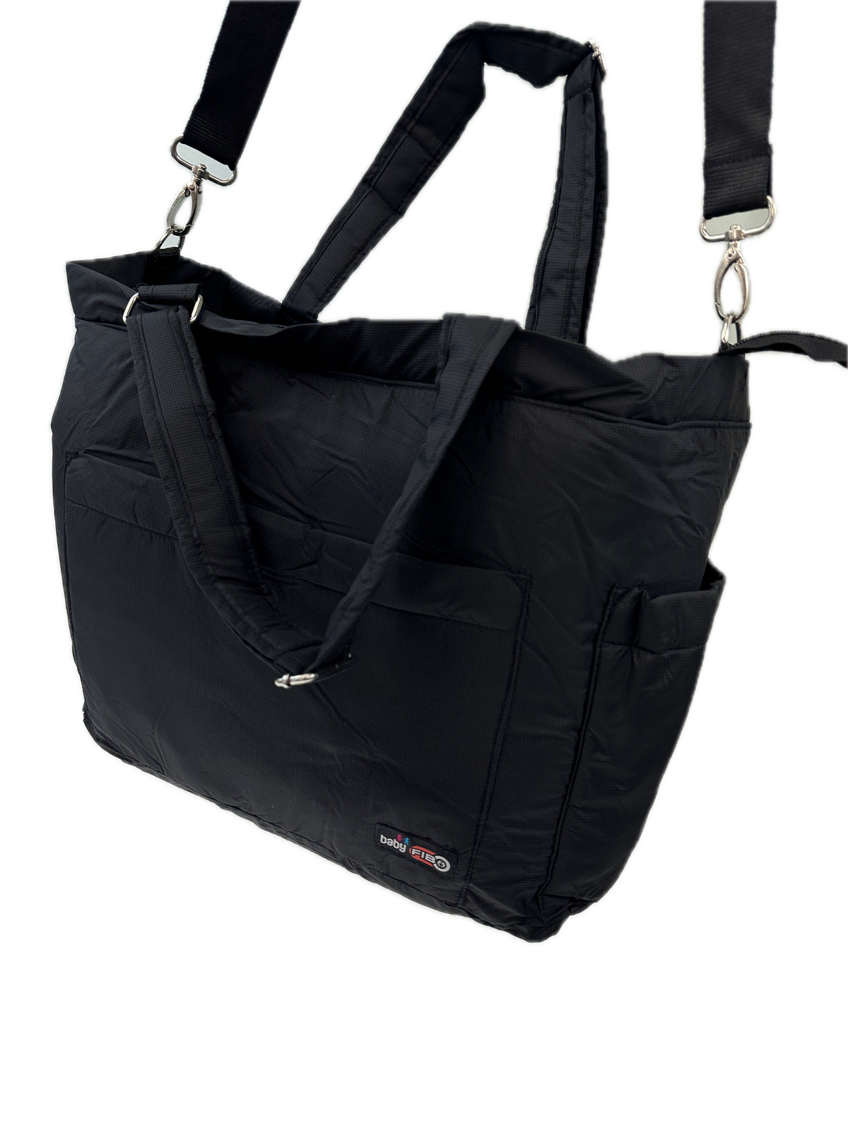 Black diaper bag with milk pocket, changing mat and ample storage for moms on-the-go.