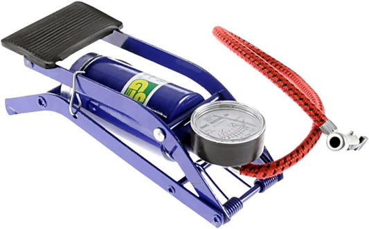 High-pressure foot air pump with gauge for inflating tires, balls, bikes, bedsâ€”perfect for kids.