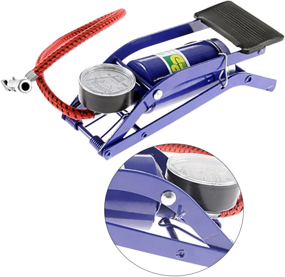 High-pressure foot air pump with gauge for inflating tires, air beds, bikes, and balls.